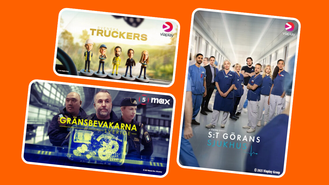Collage med tre svenska reality-serier: Svenska Truckers på Viaplay, Gränsbevakarna Sverige på 5max och S:t Görans Sjukhus på Viaplay.